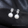 Classic Bling Bling Round Silver Stud Earring with Freshwater Pearl Stud Earrings